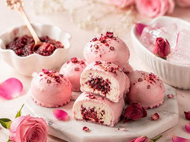 Sweets – jar of rose preserve surrounded by pink roses
