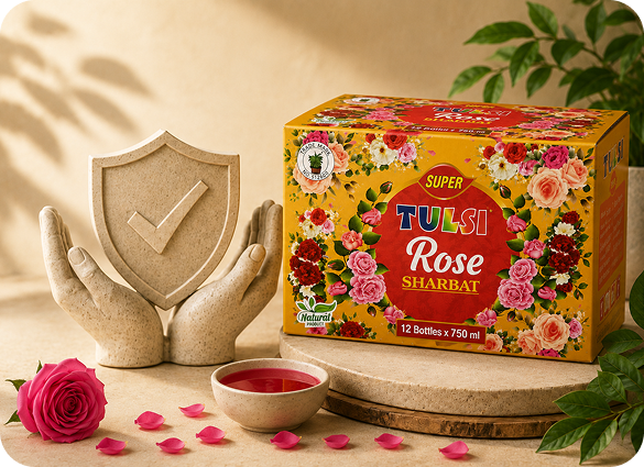 Pink roses and gold jar surrounded by scattered rose petals